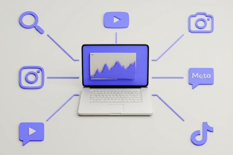 Laptop showing an analytics graph with multiple marketing channel icons connected, illustrating unified multichannel tracking.